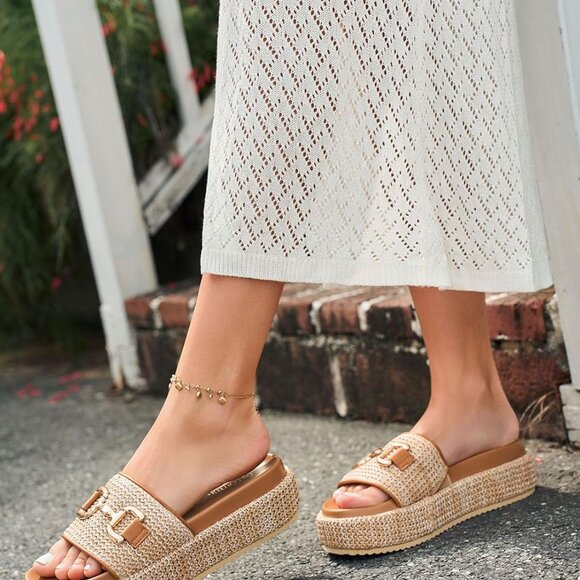 Women's Raffia Espadrille Platform Sandals Slip On Open Toe Beach Shoes - Picture 2 of 5